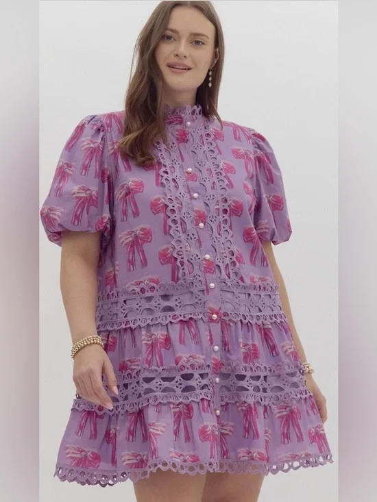 Umgee-Lilac & Pink Bow Print Lace Trim Mini Dress - Picture 1 of 5